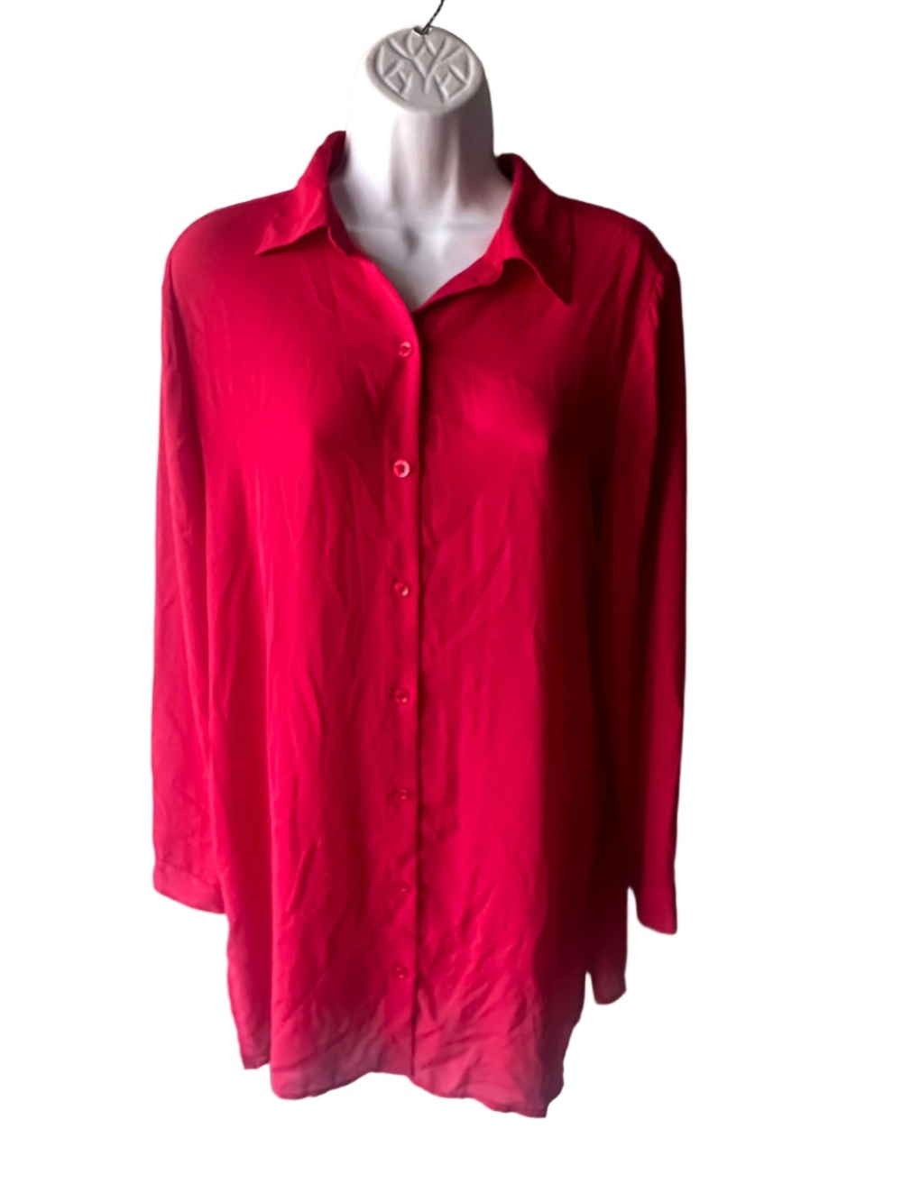 Chico’s Red Silk Button Down Shirt Size 0 Oversized Fit Long Sleeve